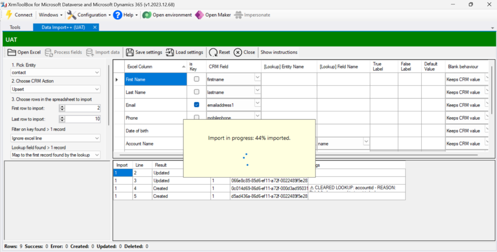 A screenshot showing version two of DataImport++ demonstrating how it can Import data from excel to Dynamics 365. An Excel data import to Dataverse is in progress. 