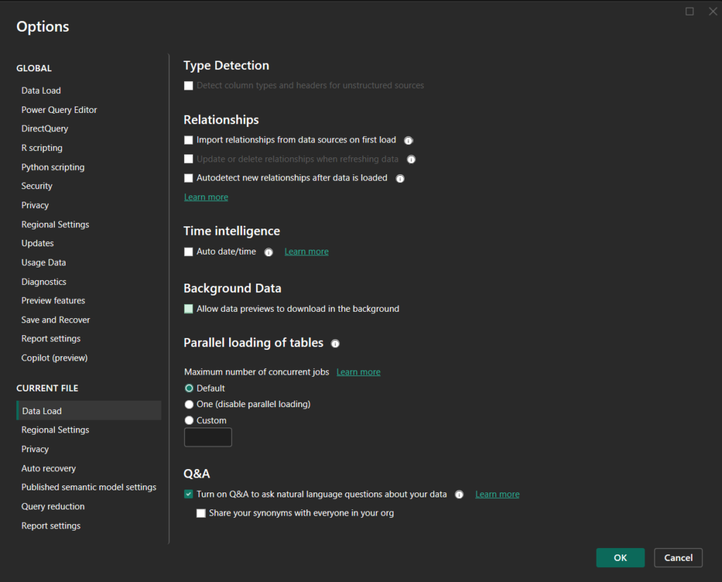 A screenshot showing the settings that should be selected after the initial change to import mode. All settings under Data Load > Relationships should be unselected. Auto date/time should also be deselected.